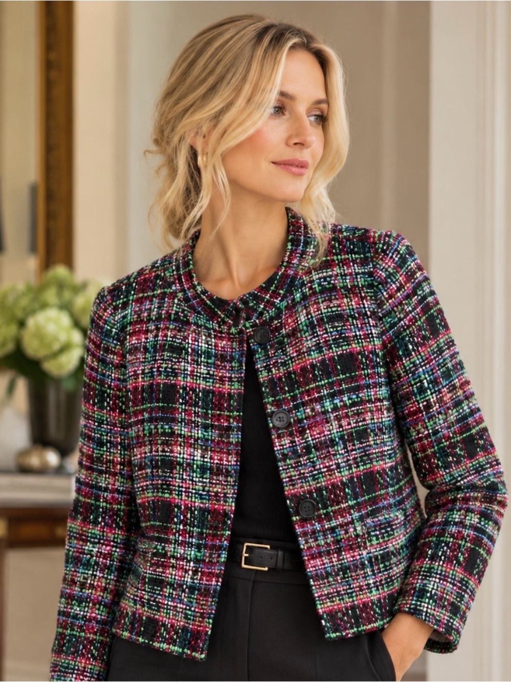 Talbots Wool Tweed Blazer Multicolor Jewel Tone Check Collarless Workwear Size 8